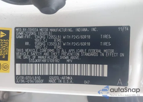 2015 Toyota Highlander Xle V6 from USA, damaged, VIN 5TDJKRFH8FS109182